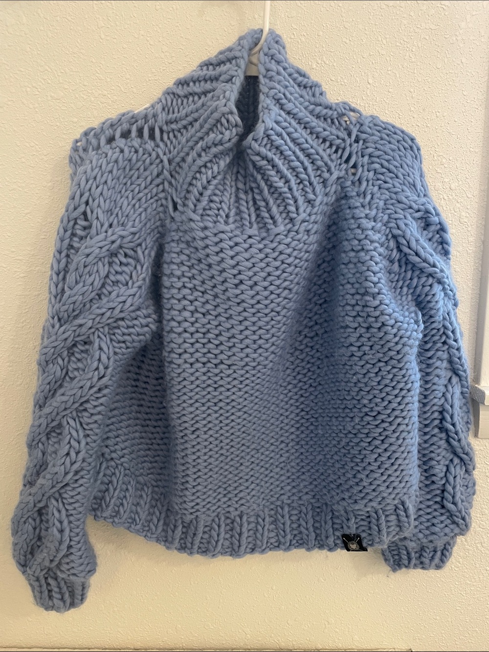Luxury Chunky Cable Sleeve Turtleneck Sweater (cornflower blue, not grey)